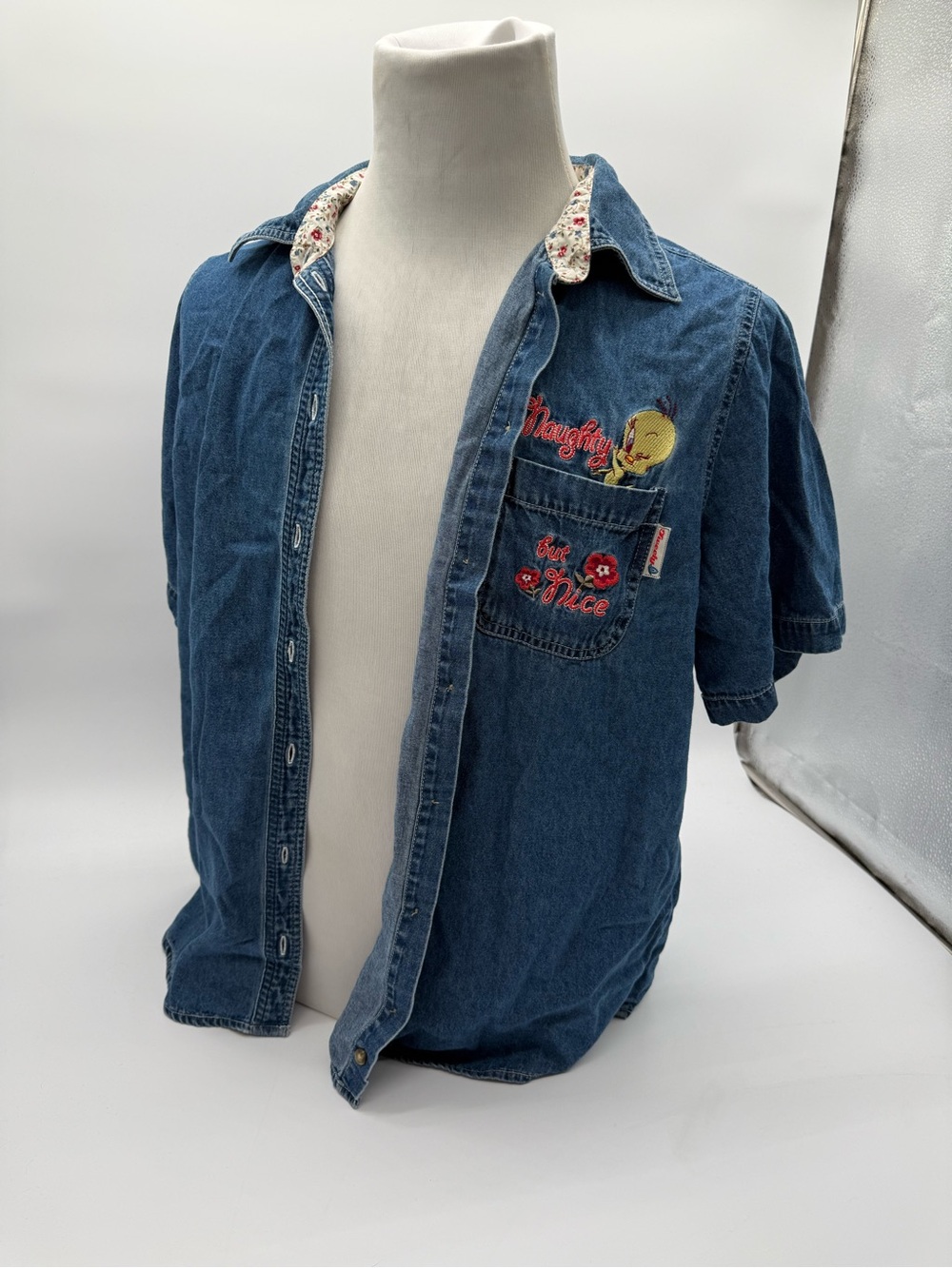 Vintage Y2K Looney Tunes Tweety Bird Denim Shirt Embroidered Naughty Nice 90s 2X - Picture 10 of 16